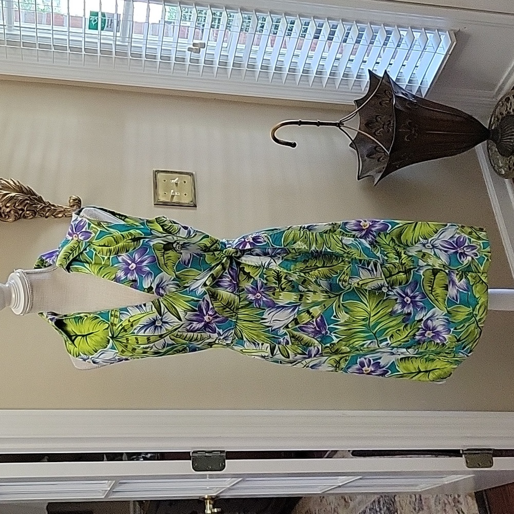 Sag Harbor lime aqua purple floral wrap bodice dress sleeveless tie waist 8 EUC…